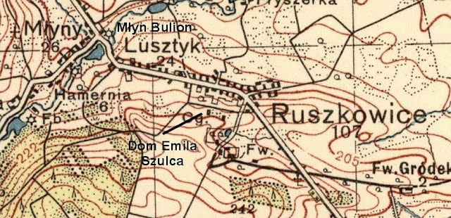Wieś Młyny k. Ruszkowic, mapka - dodatkowo zaznaczona lokalizacja młyna Bulion i domu Emila Szulca. Foto. Jacek Lombarski. Wieś Młyny k. Ruszkowic, mapka - dodatkowo zaznaczona lokalizacja młyna Bulion i domu Emila Szulca. Foto. Jacek Lombarski.