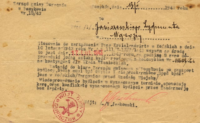 Pismo Zarządu gminy Duraczów w Pomykowie z dnia 13.02.2.1943. Pieczęć i podpis wójta K. Jankowskiego. Pismo w zbiorach KW. Pismo Zarządu gminy Duraczów w Pomykowie z dnia 13.02.2.1943. Pieczęć i podpis wójta K. Jankowskiego. Pismo w zbiorach KW.