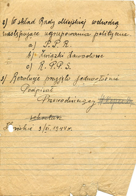 Rezolucja z zebrania Rady Miejskiej miasta Końskich. Końskie, 3 listopada 1944 roku - 1 strona. W kolekcji KW. Rezolucja z zebrania Rady Miejskiej miasta Końskich. Końskie, 3 listopada 1944 roku - 1 strona. W kolekcji KW.