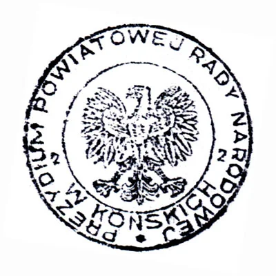 Pieczęć Prezydium Powiatowej Rady Narodowej w Końskich na dokumencie z 29 IV 1958 r. (zbiór K. D.) Pieczęć Prezydium Powiatowej Rady Narodowej w Końskich na dokumencie z 29 IV 1958 r. (zbiór K. D.)